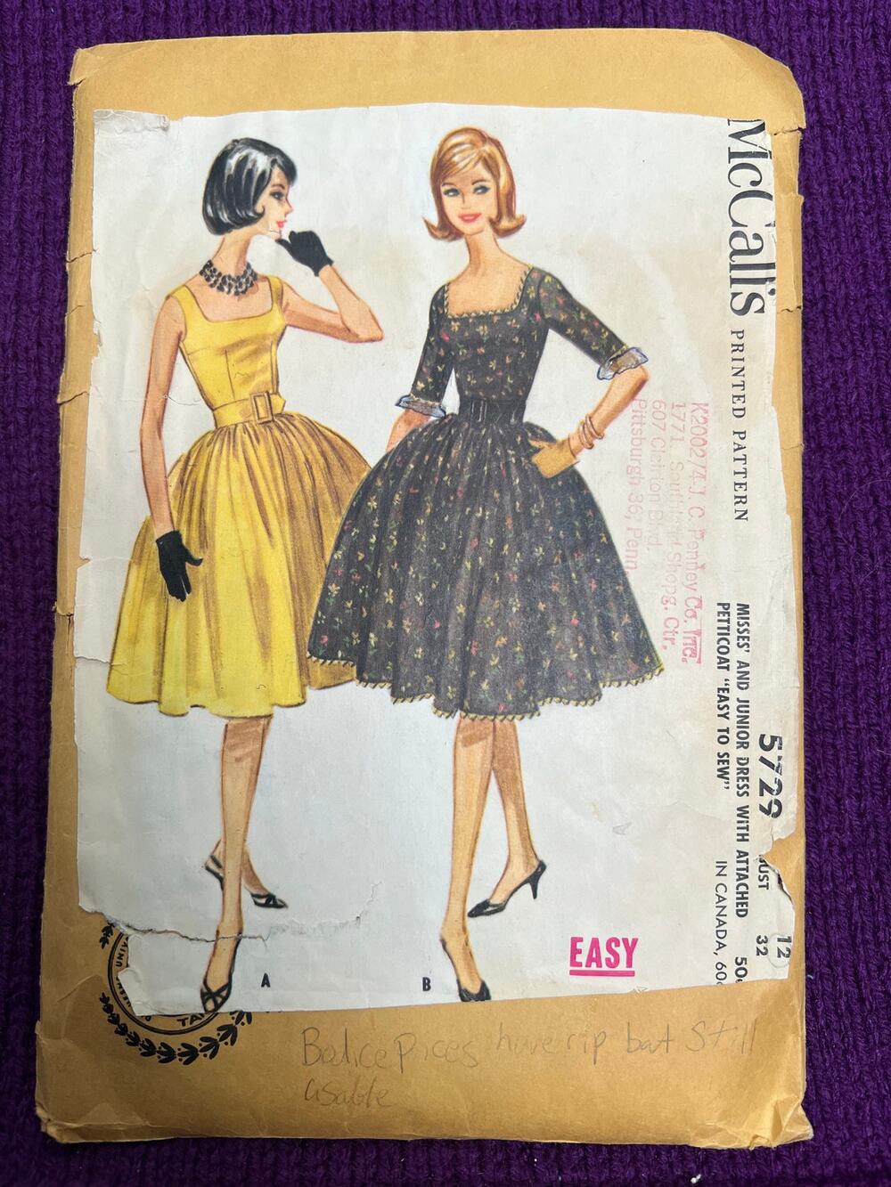 McCalls 5729 pattern dress swing skirt 1950s size 12
